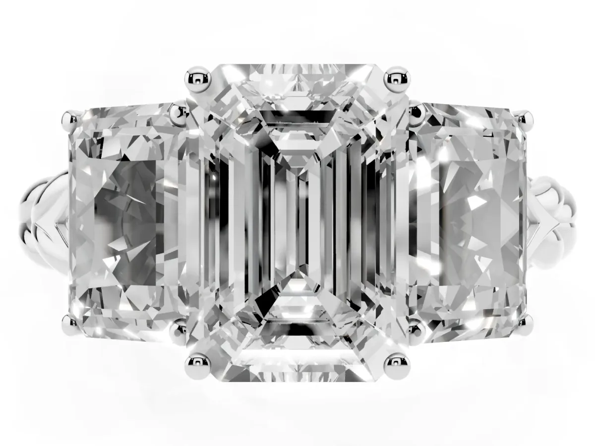 Three-Stone Emerald Cut Diamond Braided Band Ring with Four-Prong Setting Platinum