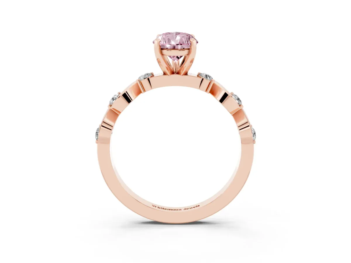 Fancy Pink Pear Cut Diamond Solitaire Twisted Band with Round Accents and Prong Setting Rose gold
