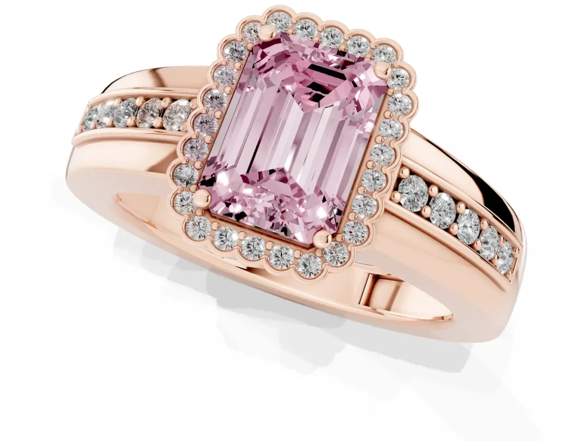 Fancy Pink Emerald Cut Cut Halo Pave Band Four-Prong Ring Rose gold
