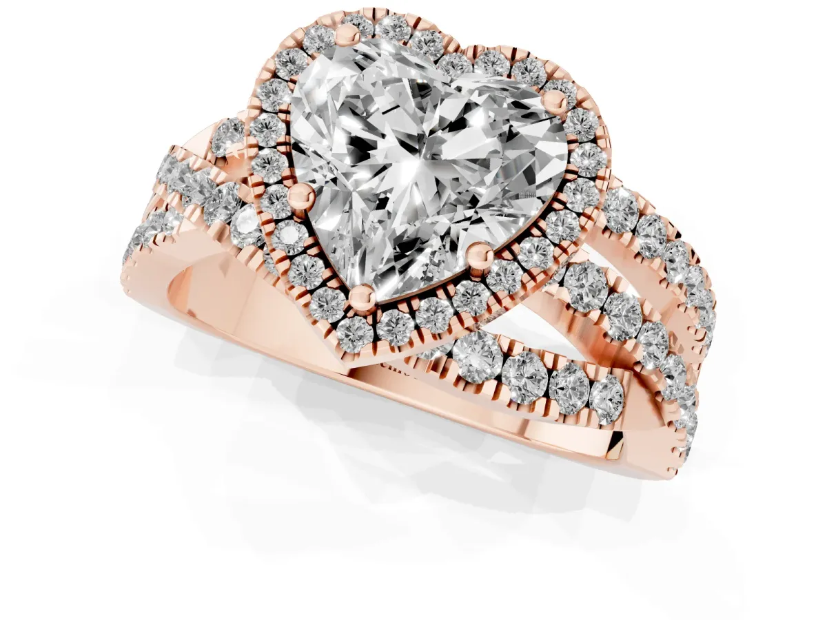 Heart Cut Diamond Halo Ring with Round Split Shank and Prong Setting Rose gold