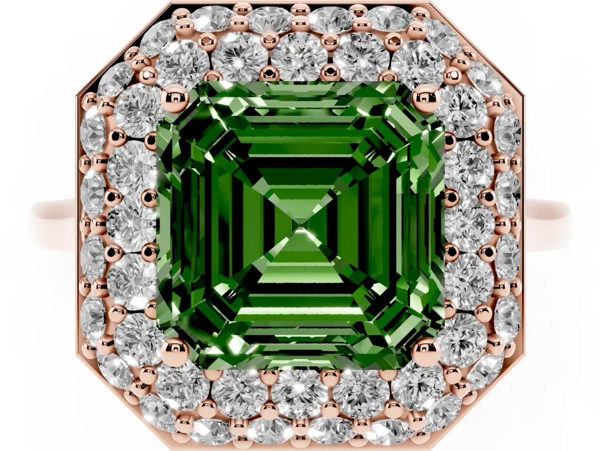 Fancy Green Asscher Cut Halo Diamond Engagement Ring with Solitaire Band and Four-Prong Setting Rose gold