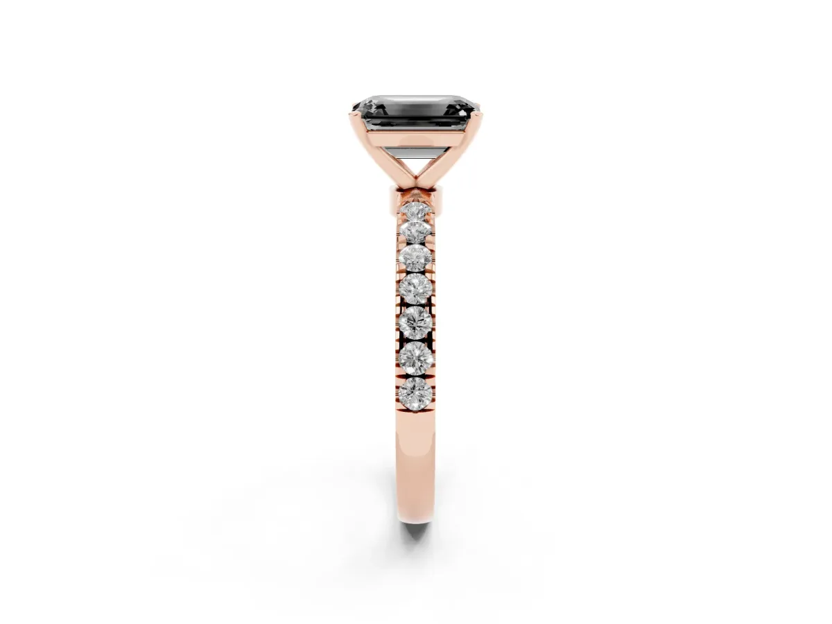 Fancy Black Emerald Cut Diamond Solitaire Ring with Pavé Accents and Four-Prong Setting Rose gold