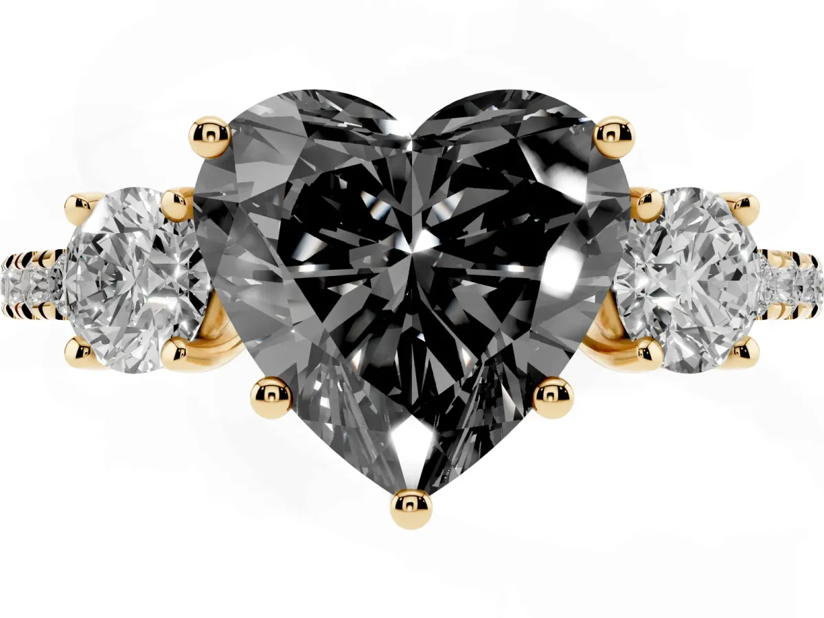 Fancy Black Three-Stone Heart Cut Cut Diamond Pavé Band with Prong Setting Yellow gold