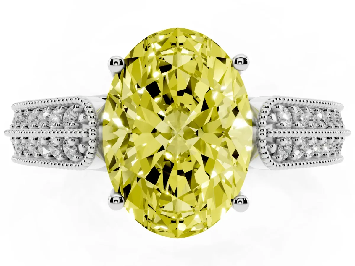 Fancy Yellow Oval Cut Cut Pave Split Shank Engagement Ring with Four-Prong Setting White gold
