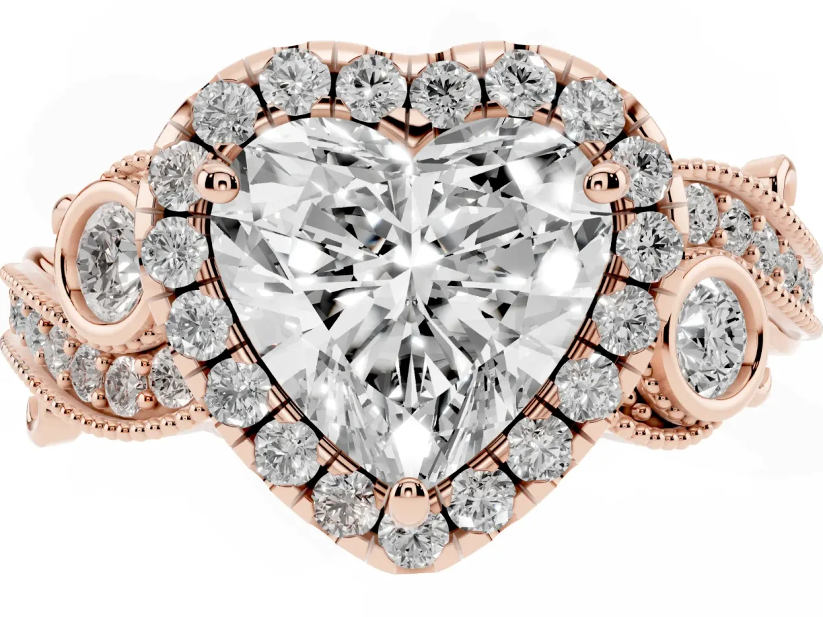 Heart Cut Halo Diamond Ring with Milgrain and Bezel Accents on a Split Shank Band Rose gold