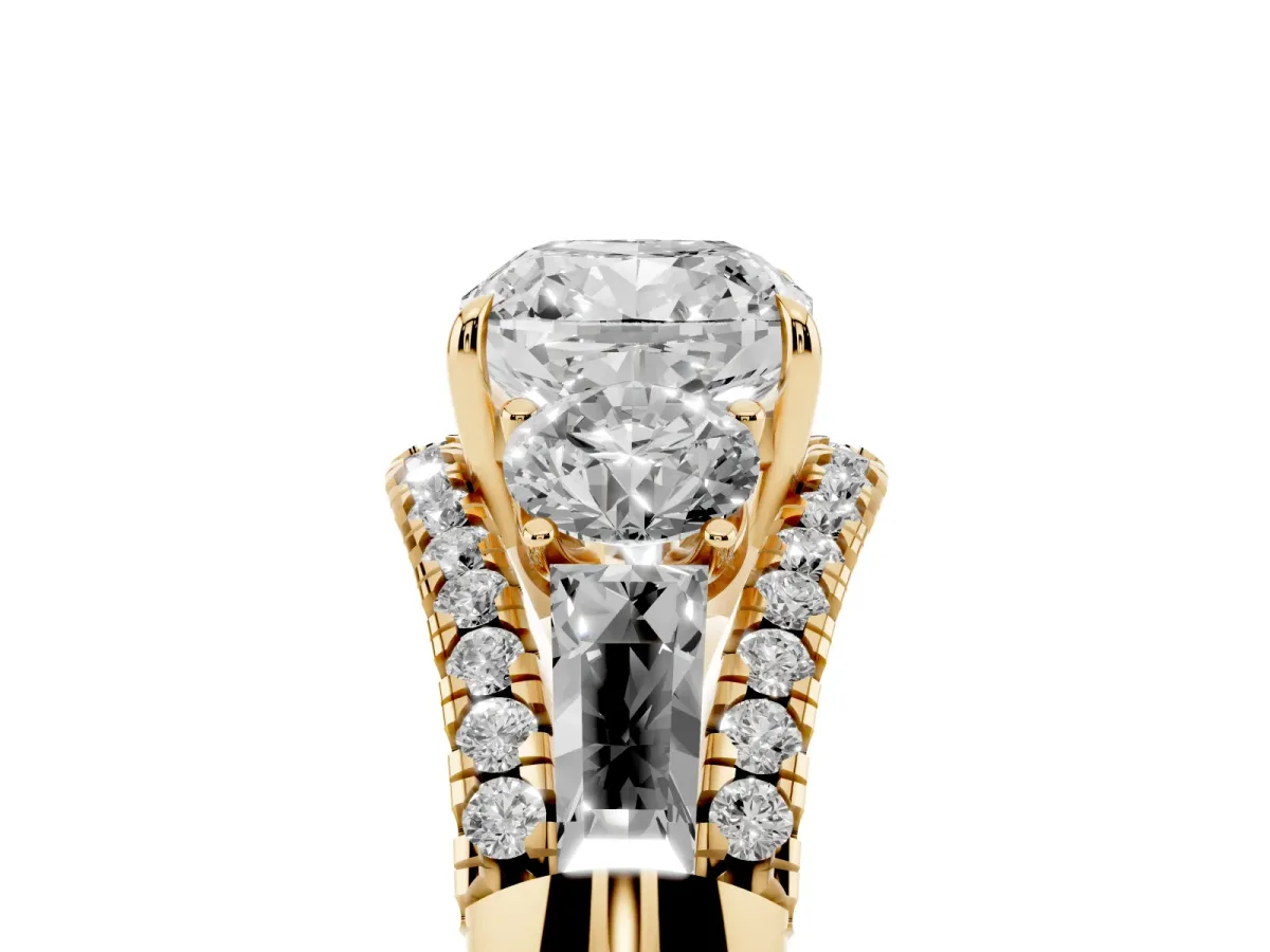 Three-Stone Cushion Cut Diamond Engagement Ring with Pave Band and Prong Setting Yellow gold