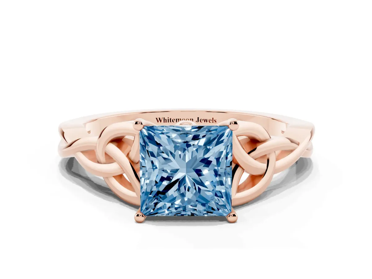 Fancy Blue Princess Cut Diamond Solitaire Engagement Ring with Celtic Knot Band and Four-Prong Setting Rose gold