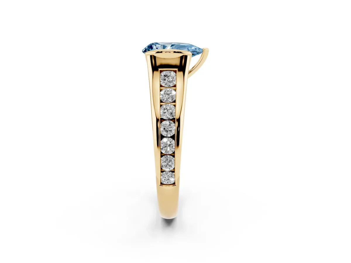 Fancy Blue Pear Cut Solitaire Bezel-Set Diamond Ring with Channel-Set Band Yellow gold
