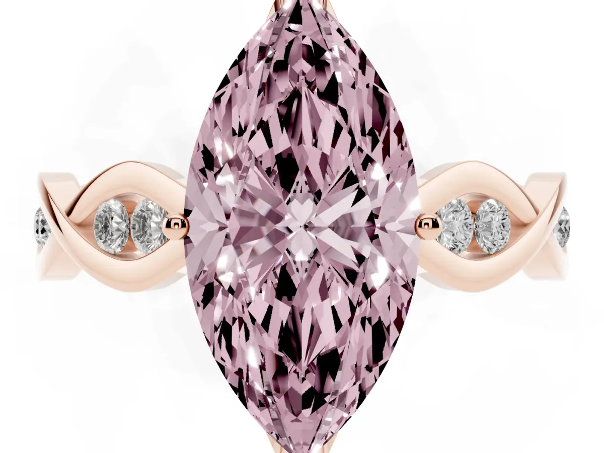 Fancy Pink Marquise Cut Solitaire Twist Band with Leaf Prong Setting Rose gold