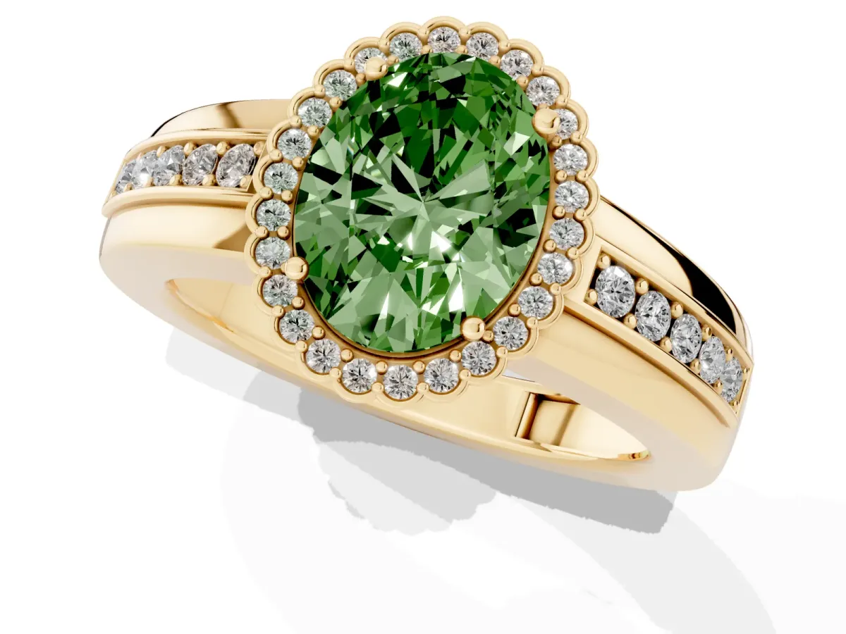 Fancy Green Oval Cut Cut Halo Pave Band Four-Prong Ring Yellow gold