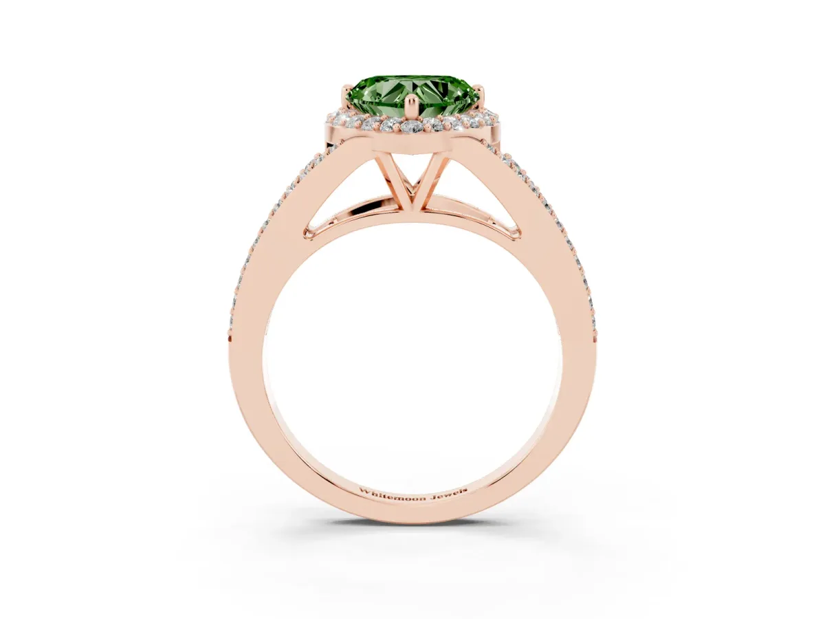 Fancy Green Heart Cut Halo Split Shank Pave Diamond Ring with Four-Prong Setting Rose gold