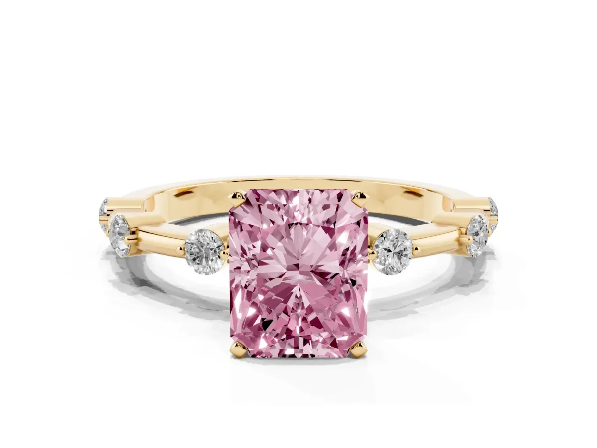 Fancy Pink Radiant Cut Solitaire Diamond Ring with Bezel Set Side Stones and Prong Setting Yellow gold