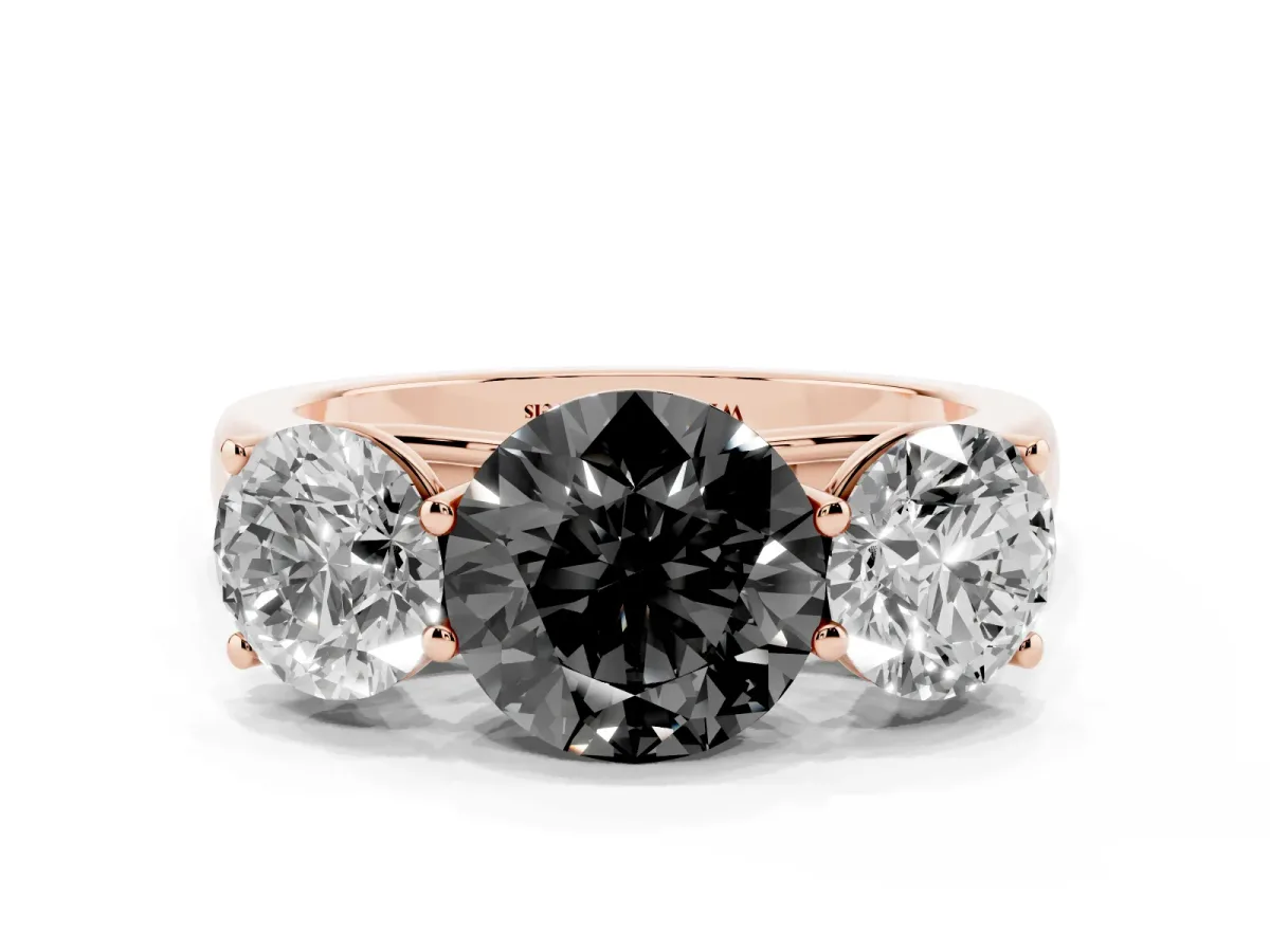 Fancy Black Round Cut Three-Stone Diamond Ring with Prong Setting on a Classic Band Rose gold
