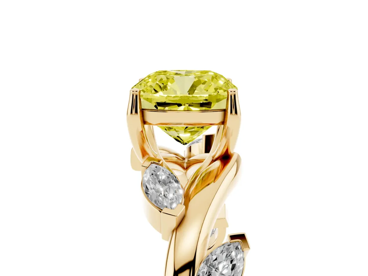 Fancy Yellow Cushion Cut Solitaire Twisted Band Marquise Accent Prong Setting Ring Yellow gold