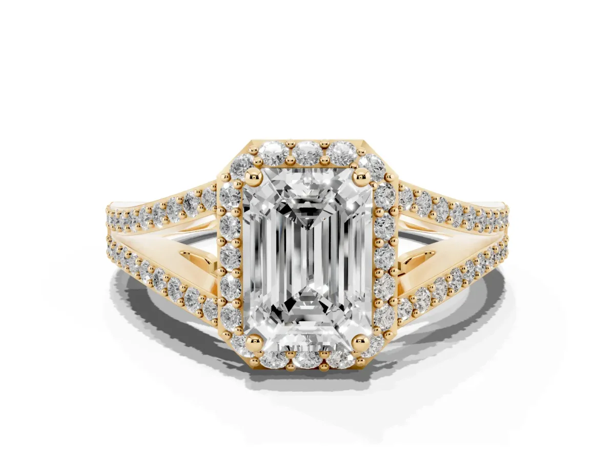 Emerald Cut Halo Split Shank Pave Diamond Ring with Four-Prong Setting Yellow gold