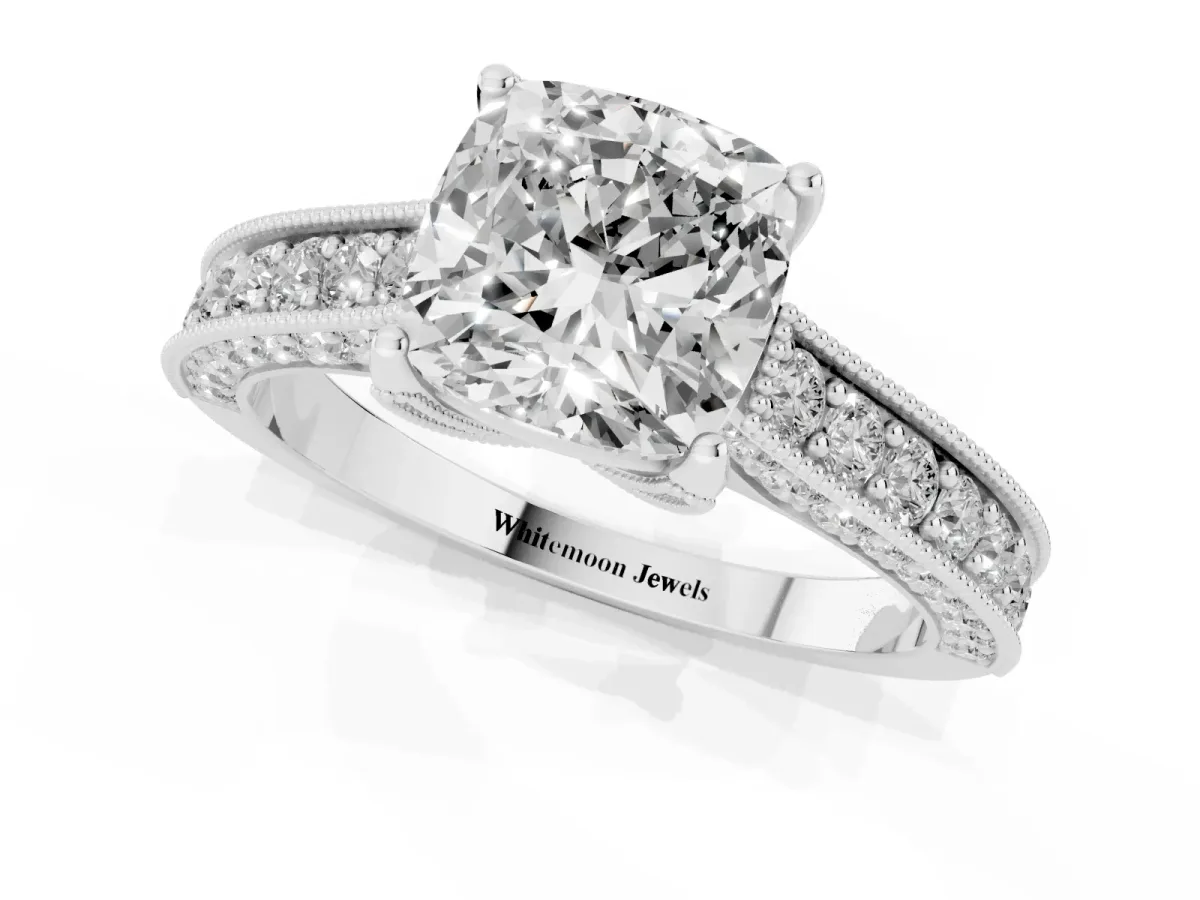 Cushion Cut Cut Diamond Solitaire Ring with Milgrain Pave Band and Four Prong Setting Silver