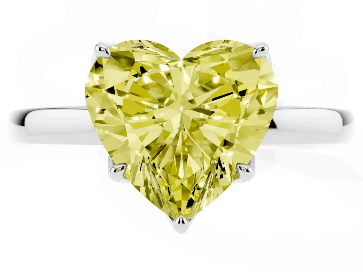 Fancy Yellow Heart Cut Diamond Solitaire Ring with Thin Band and Prong Setting Silver