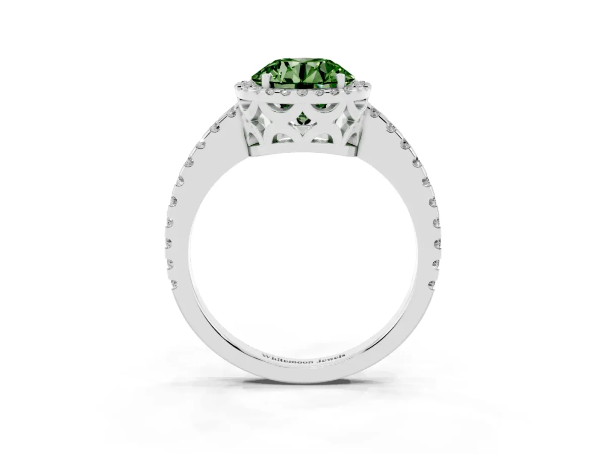 Fancy Green Round Cut Diamond Halo Engagement Ring with Pavé Band and Prong Setting White gold