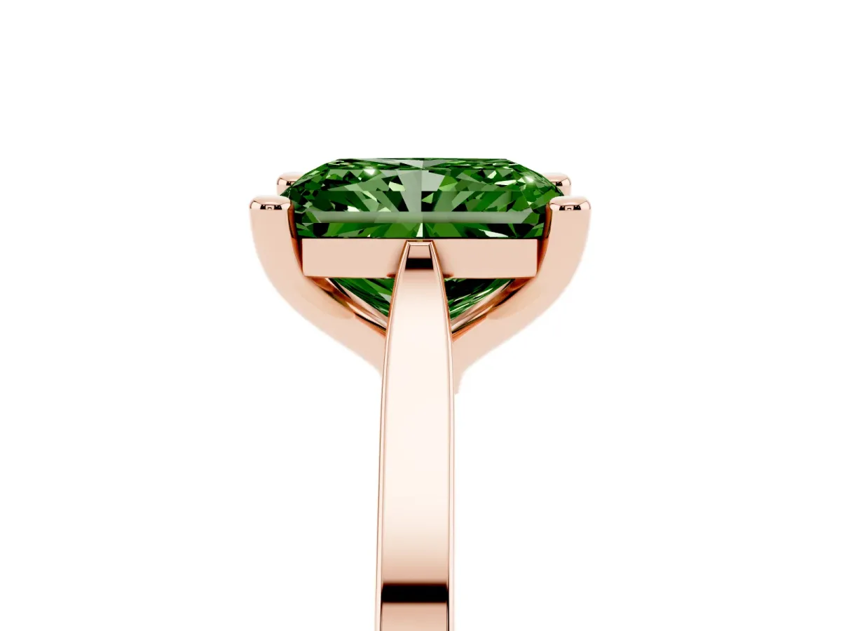 Fancy Green Radiant Cut Solitaire Diamond Ring with Four-Prong Setting and Tapered Band Rose gold