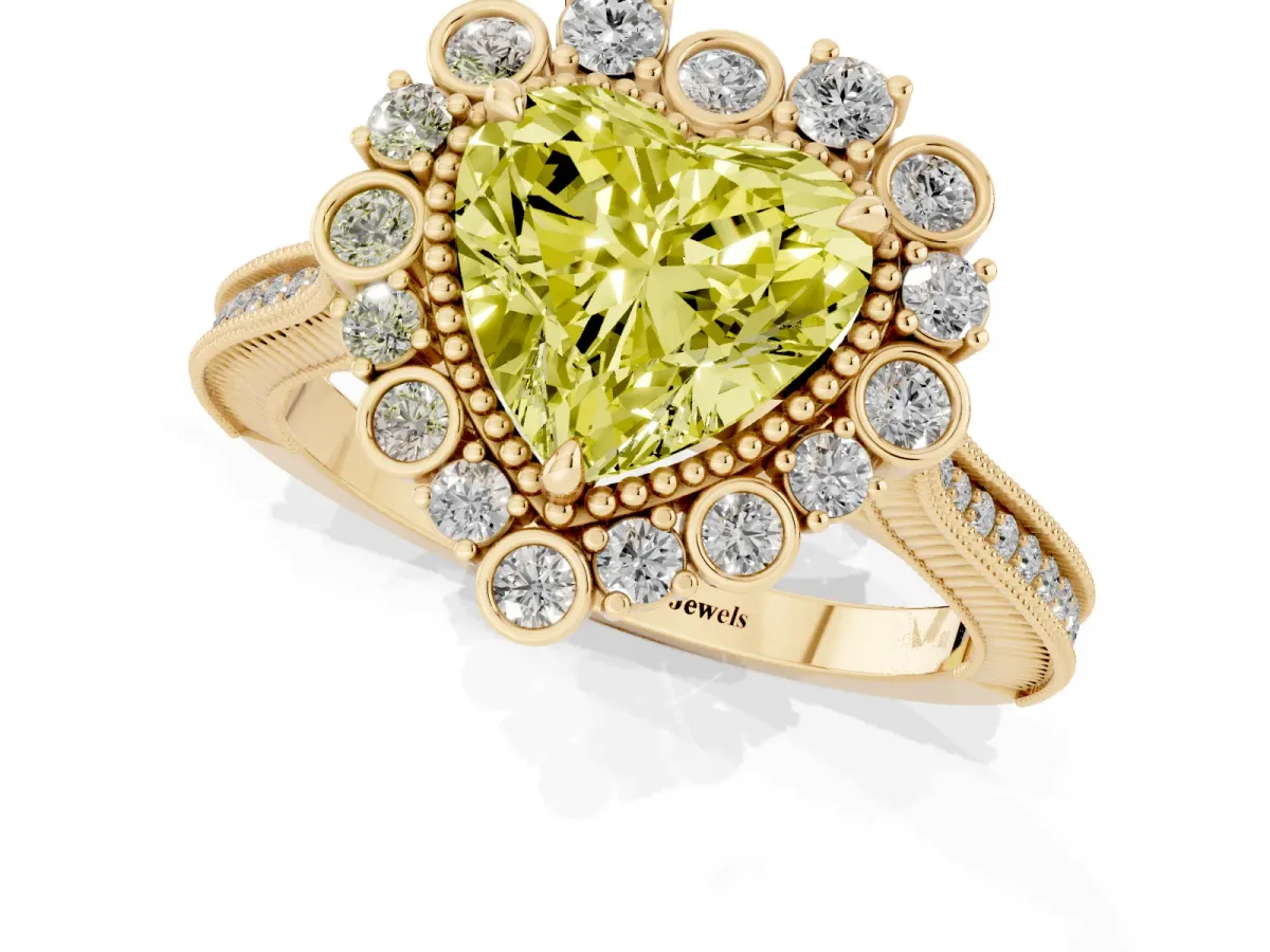 Fancy Yellow Heart Cut Halo Milgrain Pave Diamond Ring with Four-Prong Setting Yellow gold