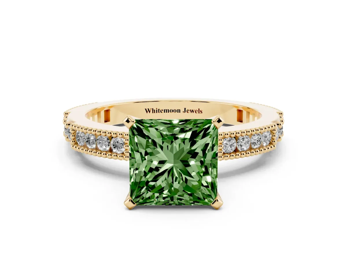 Fancy Green Princess Cut Solitaire with Pavé Band and Four-Prong Setting Yellow gold