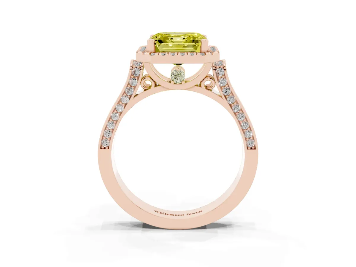 Fancy Yellow Asscher Cut Halo Pave Split Shank Prong Setting Ring Rose gold