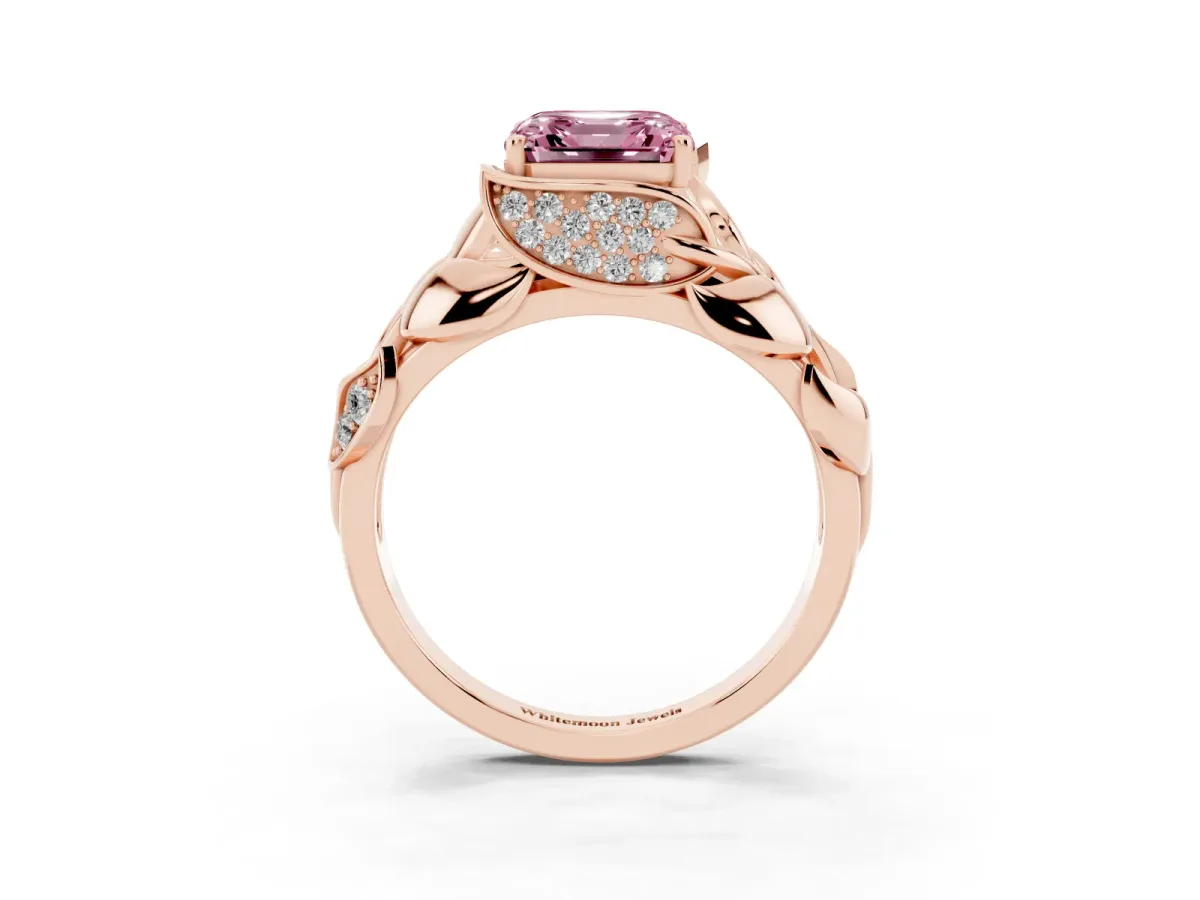 Fancy Pink Asscher Cut Diamond Leaf-Inspired Engagement Ring with Round Accents and Prong Setting Rose gold