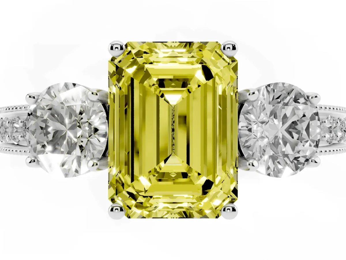 Fancy Yellow Emerald Cut Three-Stone Diamond Ring with Pavé Band and Four-Prong Setting Platinum