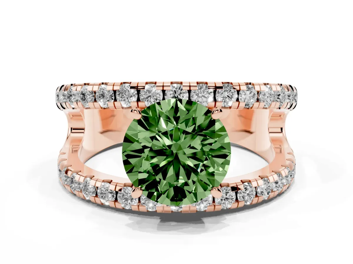 Fancy Green Round Cut Solitaire Split Shank Pave Diamond Ring Rose gold