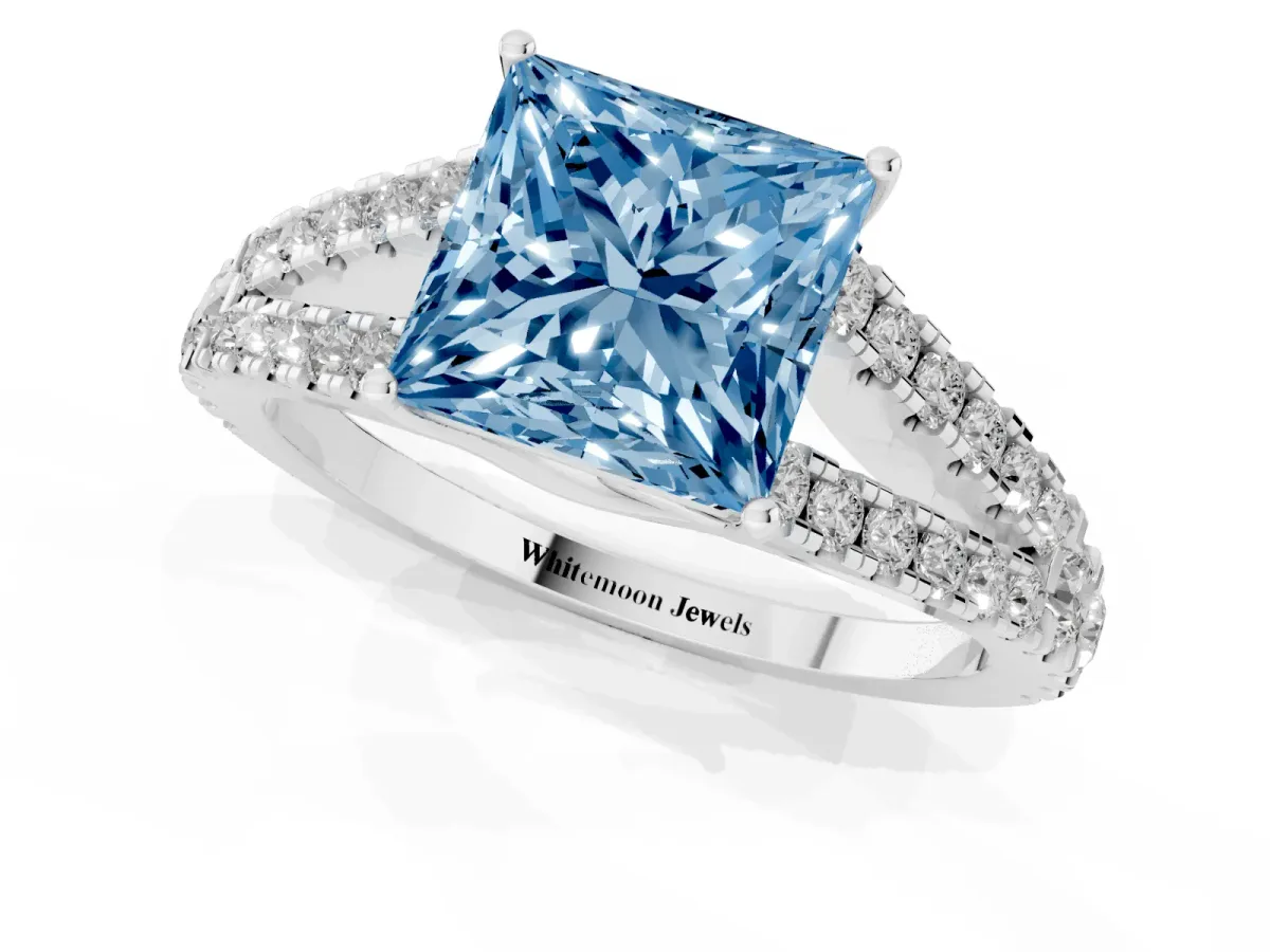 Fancy Blue Princess Cut Diamond Split Shank Engagement Ring with Round Pavé and Prong Setting Platinum