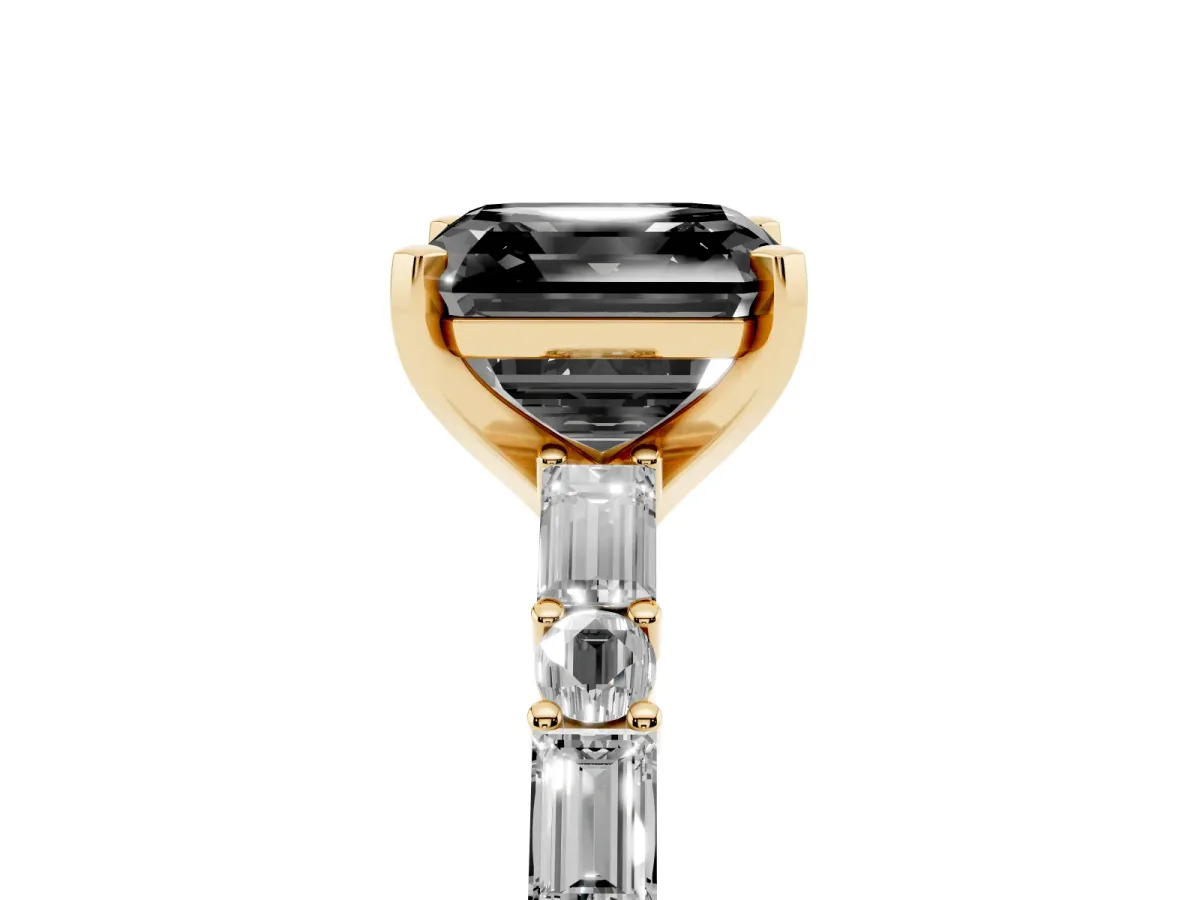 Fancy Black Asscher Cut Diamond Solitaire with Side Baguettes and Channel Set Band Yellow gold