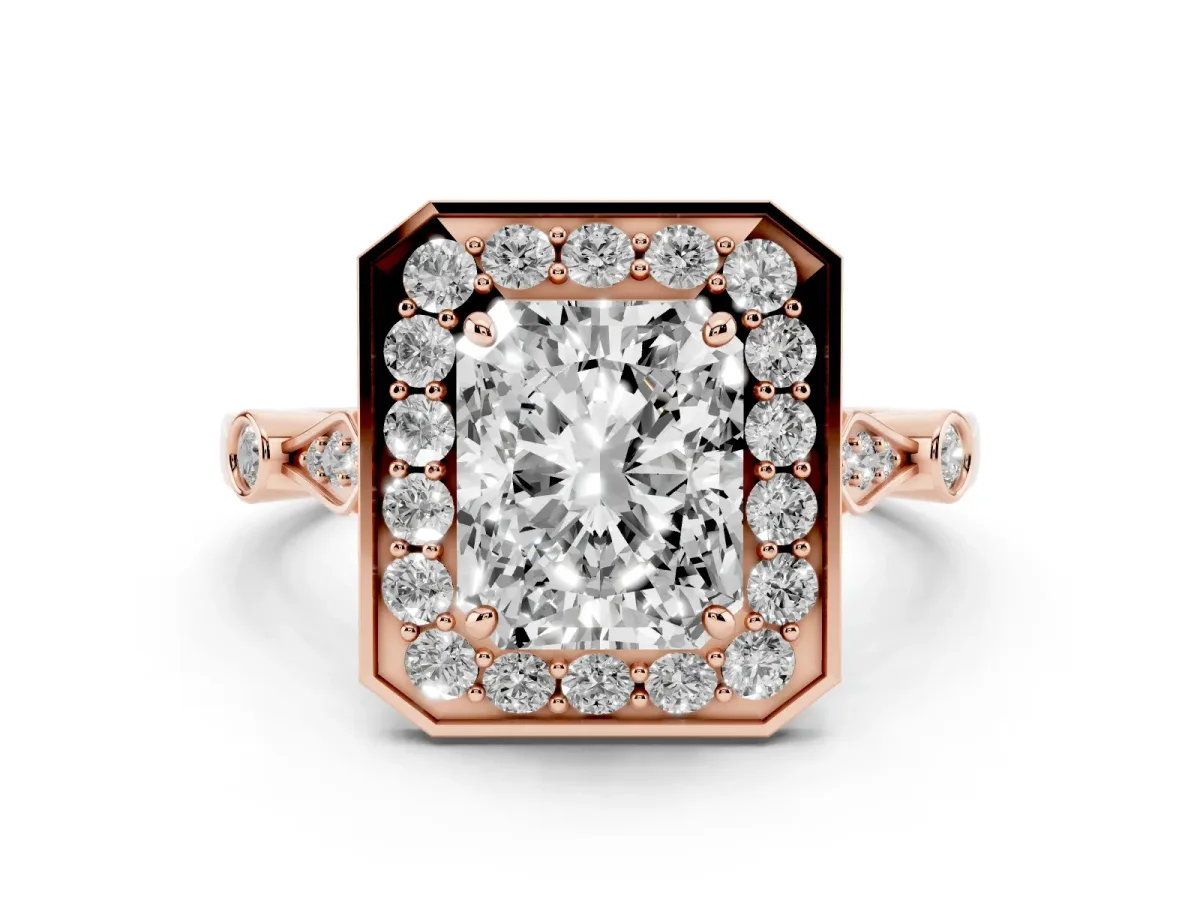 Radiant Cut Halo Diamond Engagement Ring with Twisted Band and Four-Prong Setting Rose gold