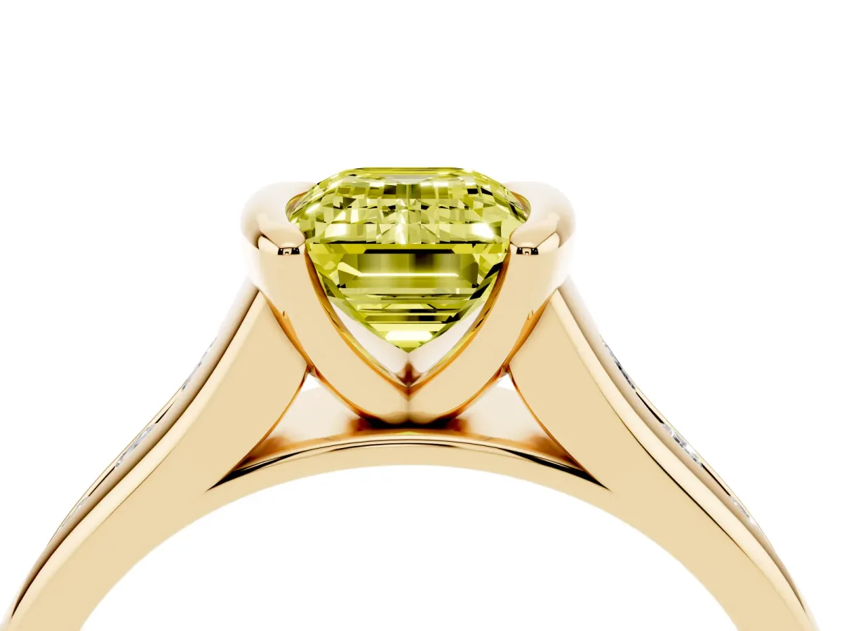 Fancy Yellow Emerald Cut Solitaire Bezel-Set Diamond Ring with Channel-Set Band Yellow gold