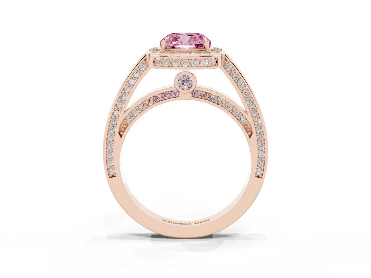 Fancy Pink Cushion Cut Cut Halo Pave Split Shank Prong Setting Ring Rose gold