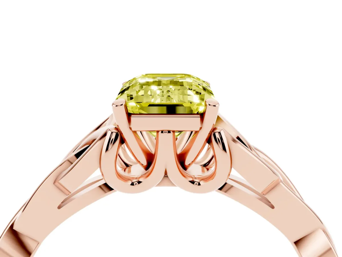 Fancy Yellow Emerald Cut Diamond Solitaire Engagement Ring with Celtic Knot Band and Four-Prong Setting Rose gold
