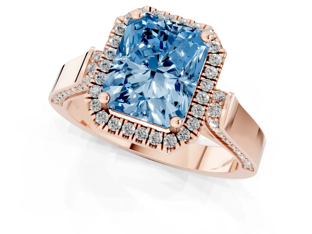 Fancy Blue Radiant Cut Halo Pave Split Shank Prong Setting Ring Rose gold