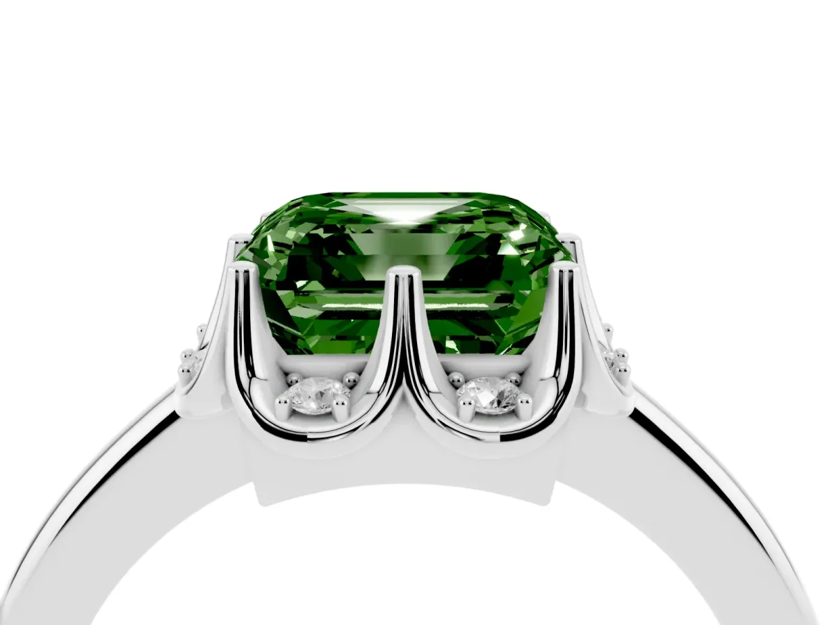 Fancy Green Asscher Cut Halo Diamond Ring with Round Cluster Setting, Solitaire Band, and Four-Prong Setting Platinum