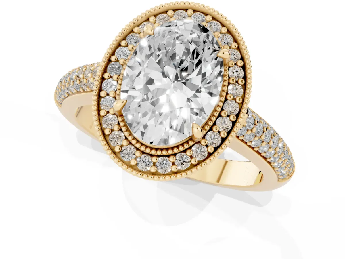Oval Cut Cut Halo Diamond Pave Band with Four-Prong Setting Yellow gold