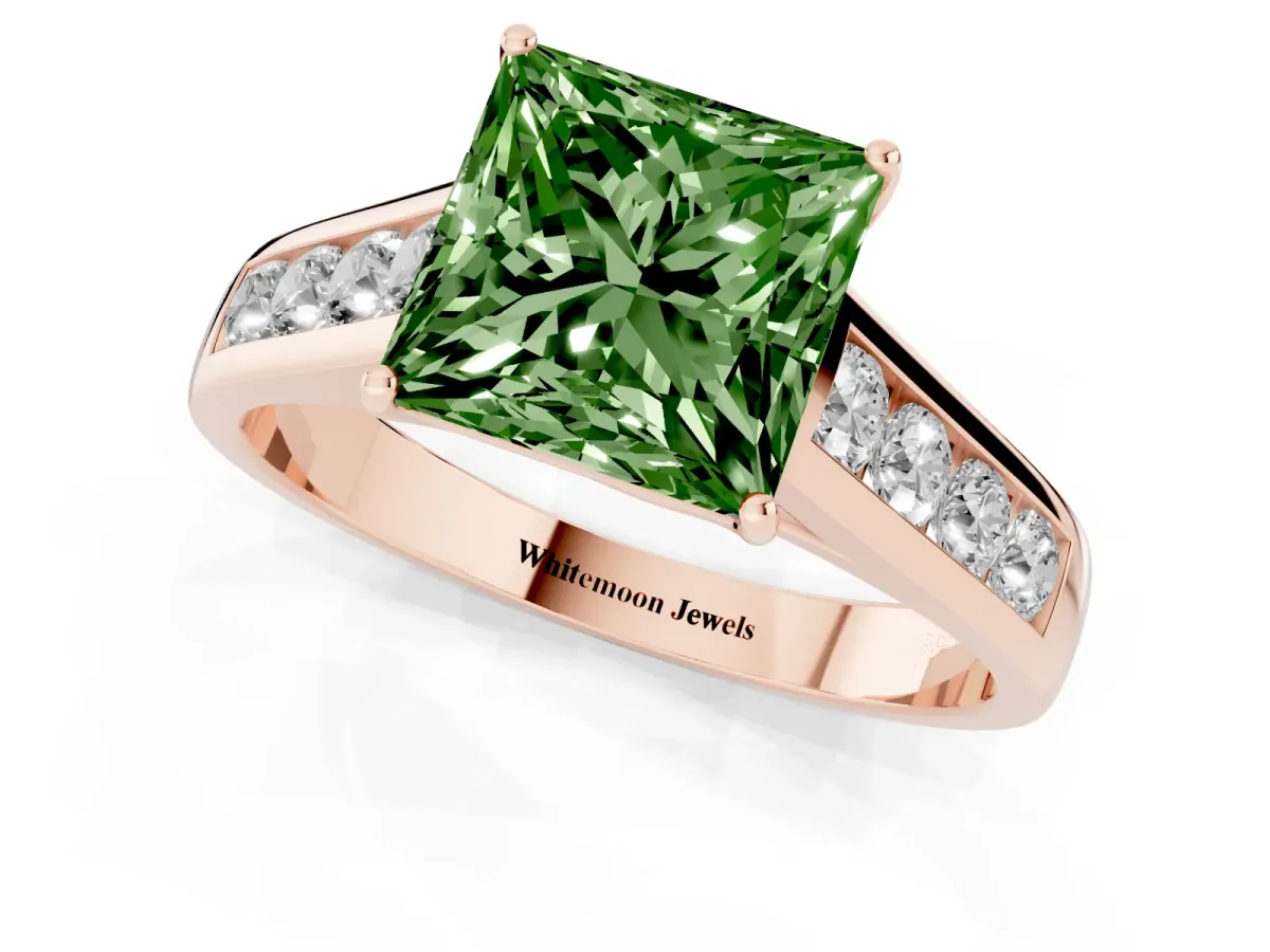 Fancy Green Princess Cut Brilliant Channel-Set Solitaire Ring with Four-Prong Setting Rose gold