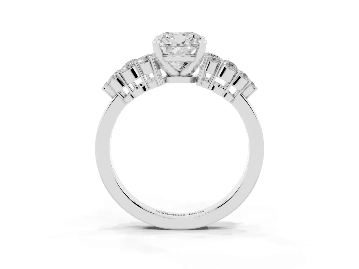 Cushion Cut Cluster Diamond Engagement Ring with Pavé Band and Four-Prong Setting Silver
