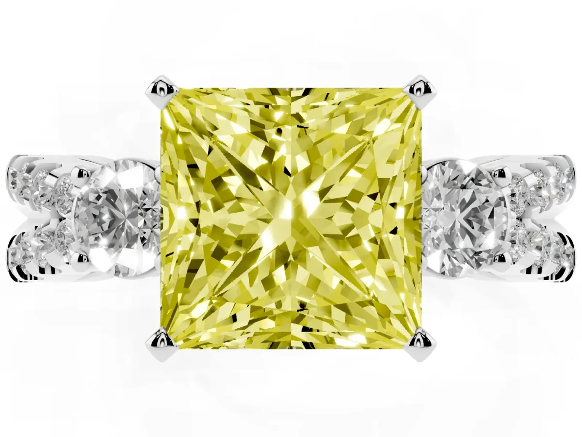 Fancy Yellow Princess Cut Diamond Three-Stone Ring with Pavé Split Shank and Four-Prong Setting Platinum