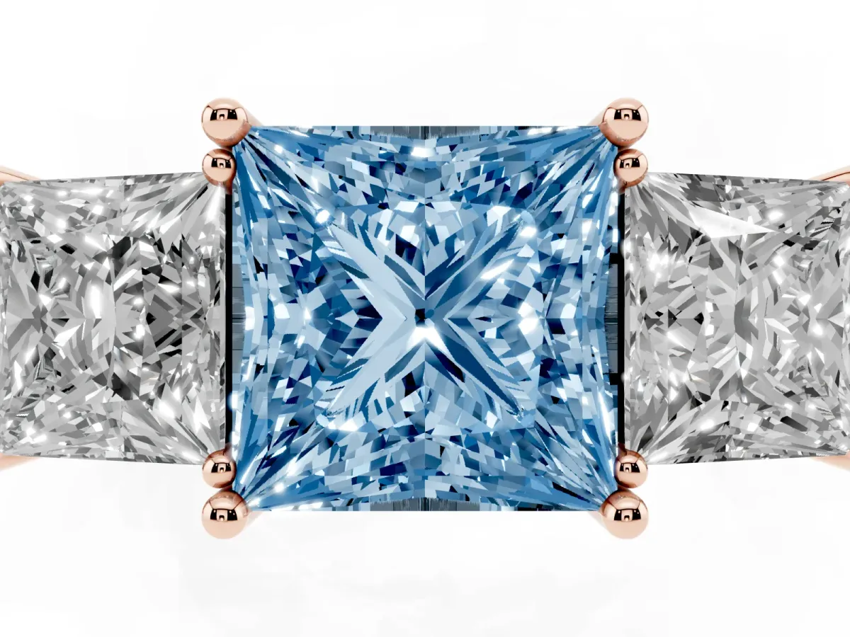 Fancy Blue Three-Stone Princess Cut Cut Diamond Engagement Ring with Prong Setting on a White Gold Band Rose gold