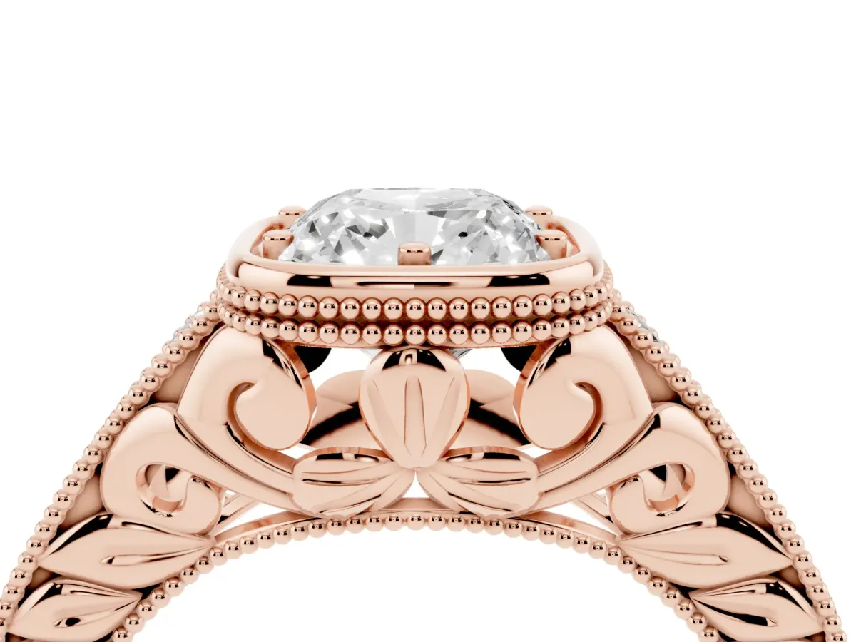 Bezel Set Cushion Cut Diamond Milgrain Pave Engagement Ring Rose gold