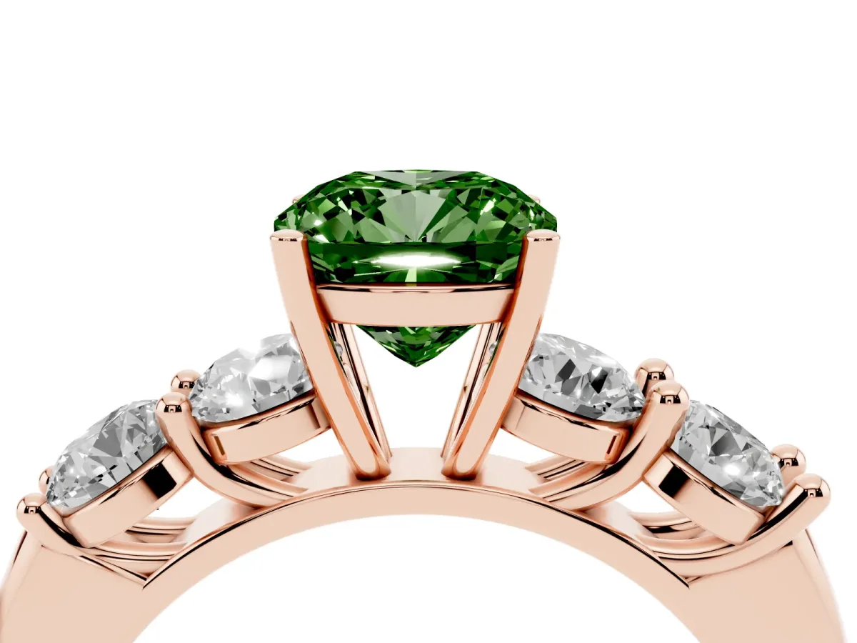 Fancy Green Cushion Cut Cut Five-Stone Prong Set Diamond Ring with Classic Band Rose gold