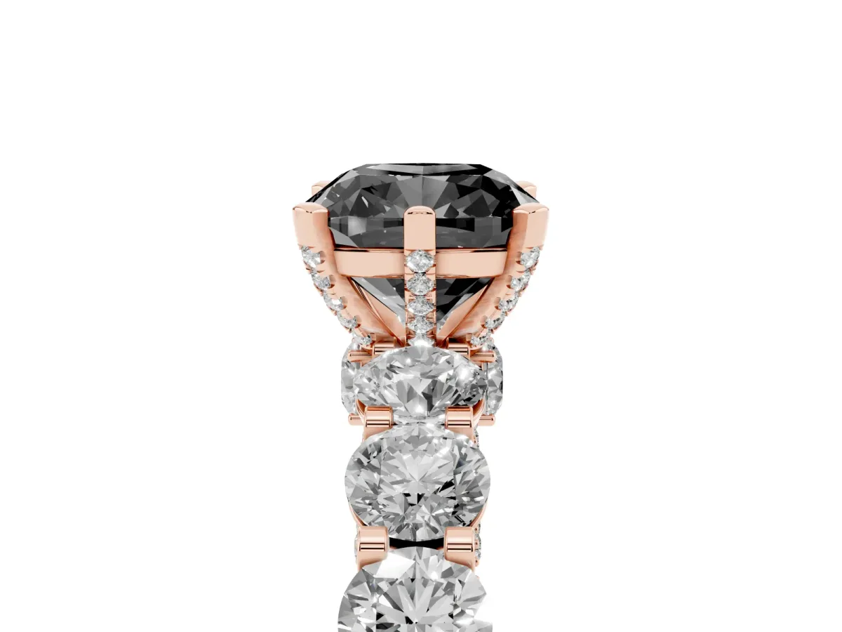 Fancy Black Cushion Cut Diamond Side Stone Engagement Ring with Four-Prong Setting Rose gold