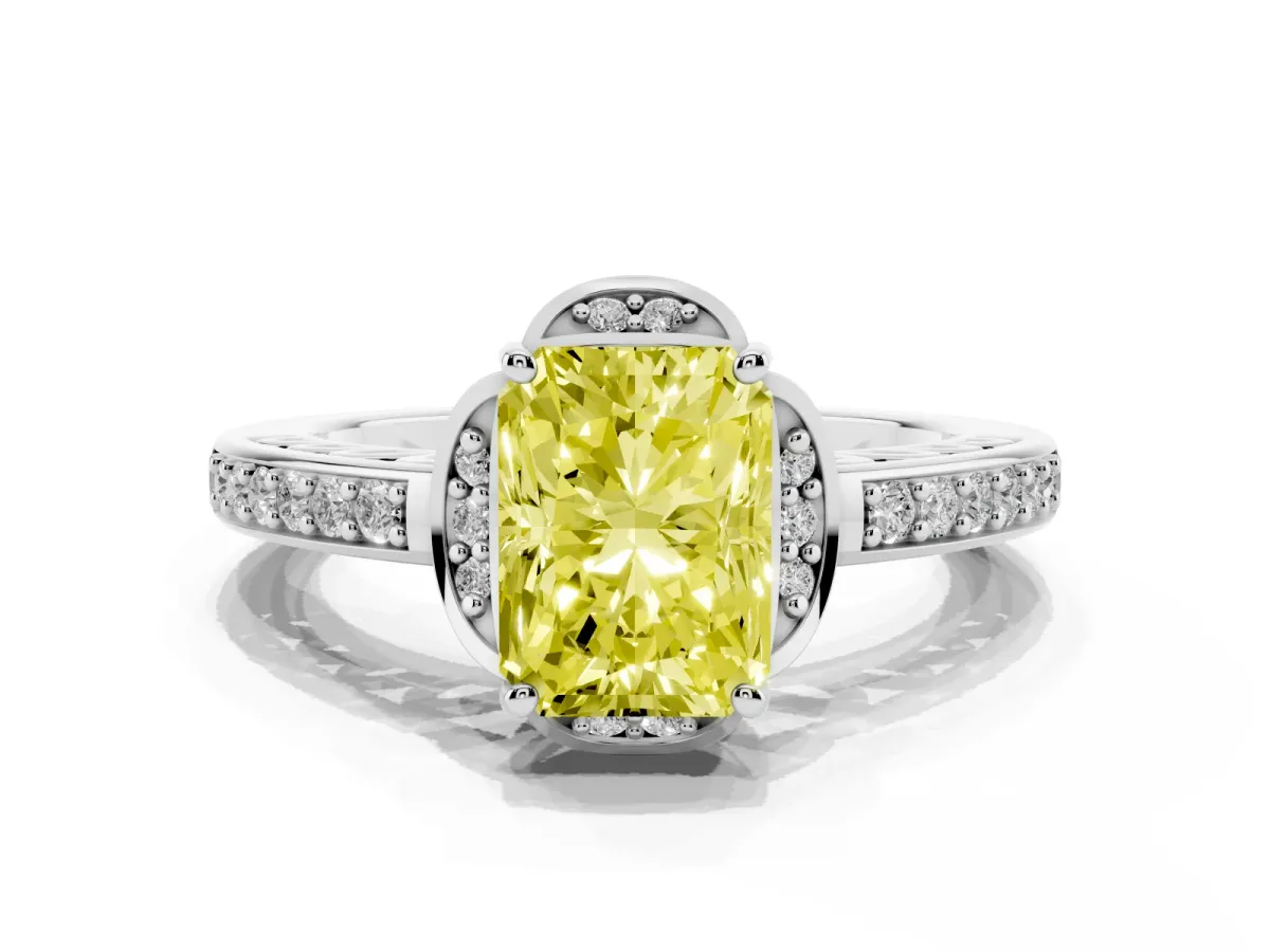 Fancy Yellow Radiant Cut Cut Halo Diamond Ring with Channel Set Band and Four-Prong Setting Silver