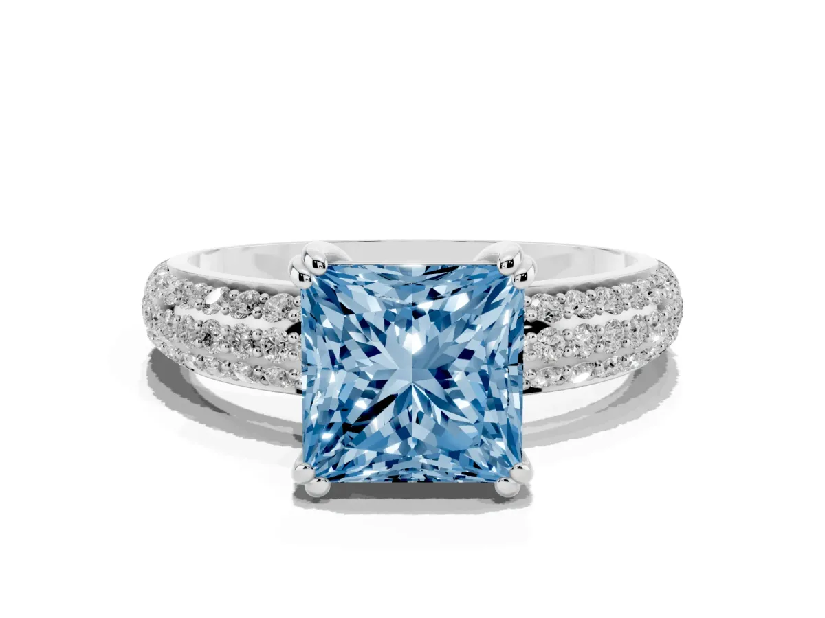 Fancy Blue Princess Cut Diamond Solitaire Ring with Multi-Row Round Pavé Band and Prong Setting Silver