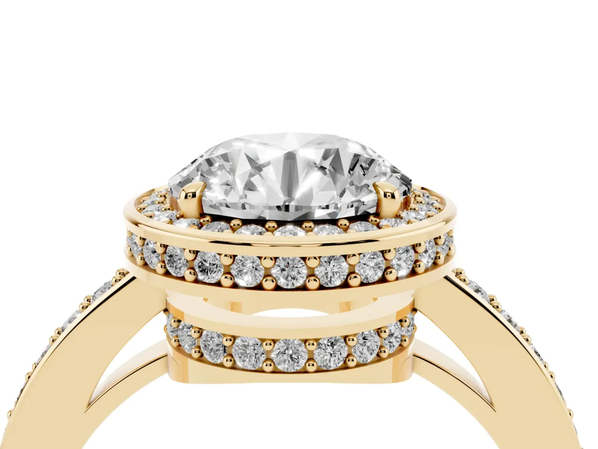 Round Cut Halo Pave Band Solitaire Ring with Prong Setting Yellow gold