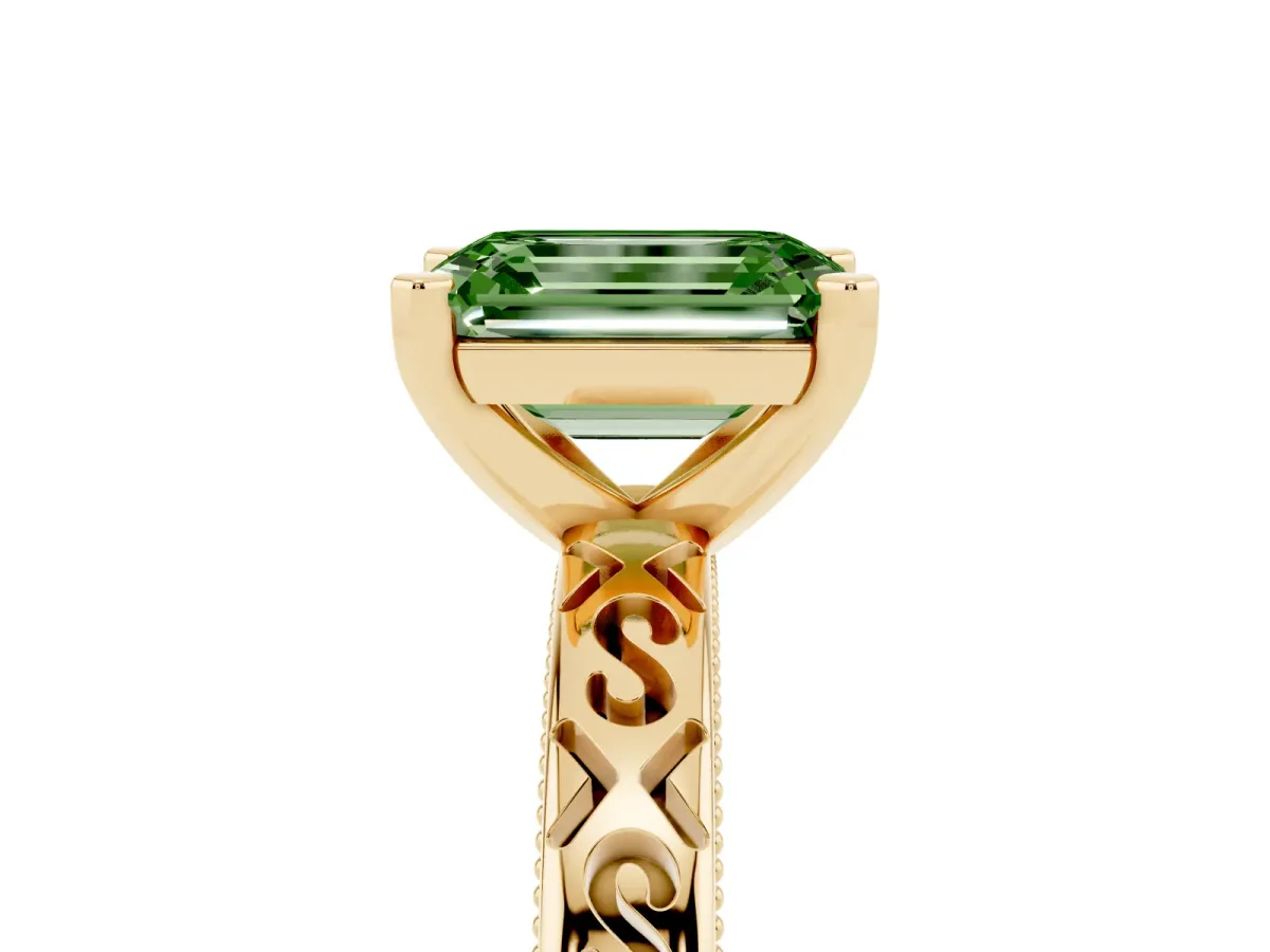 Fancy Green Emerald Cut Solitaire Engagement Ring with Scrollwork Band and Four-Prong Setting Yellow gold