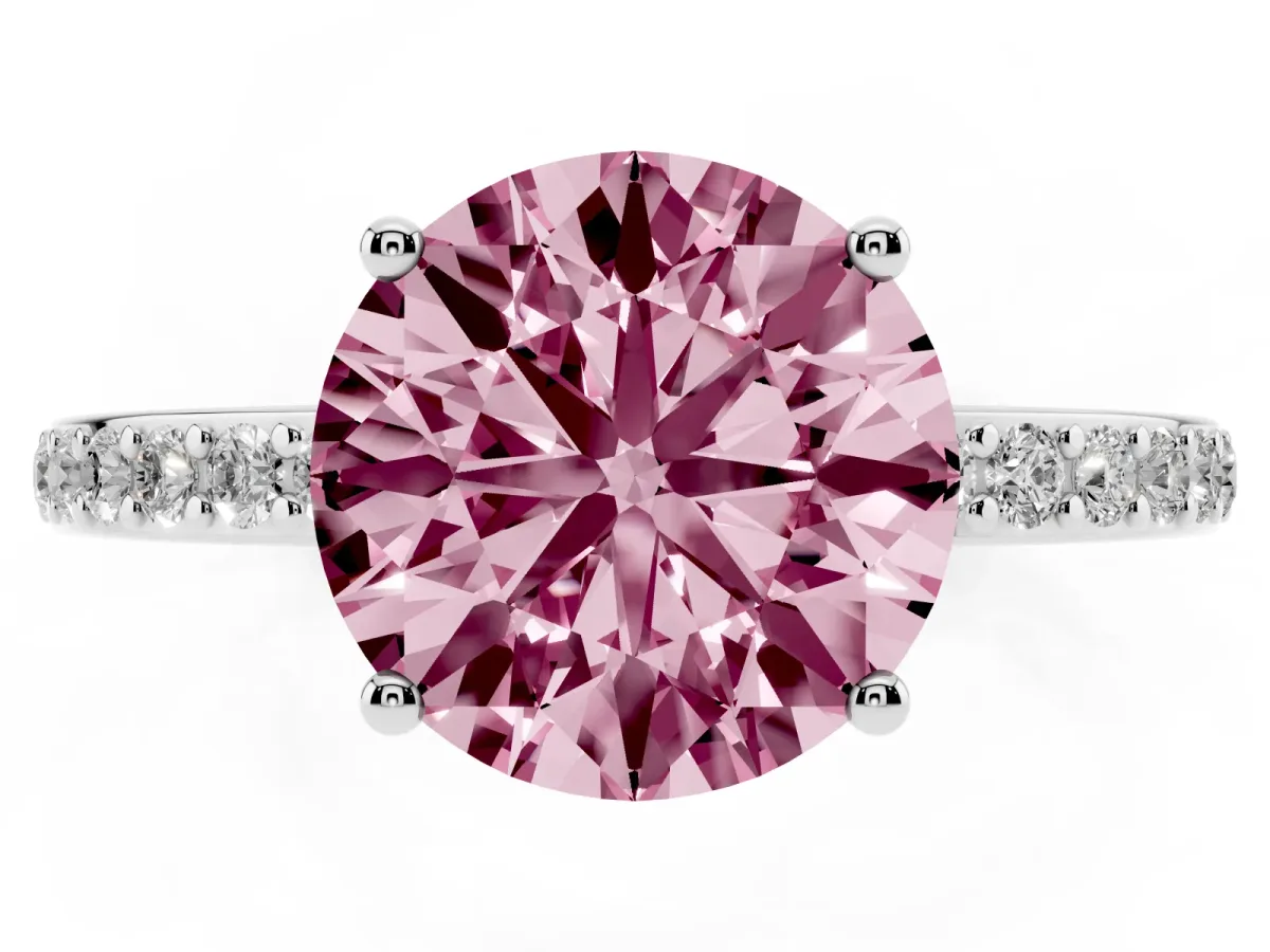 Fancy Pink Round Cut Cut Diamond Pavé Band Ring with Four-Prong Setting Silver